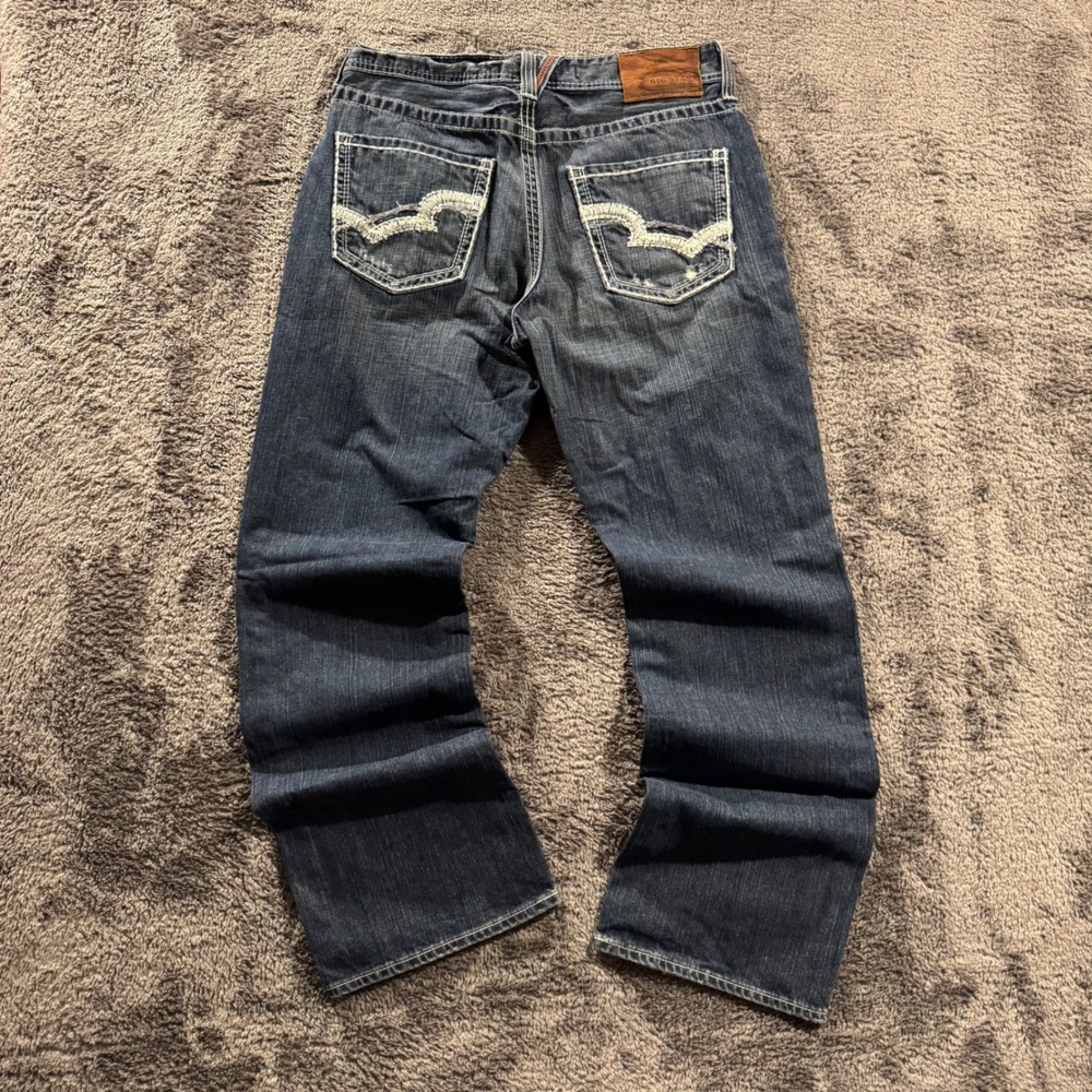 Big Star Voyager Straight Leg Jeans Mens 34R Medium Wash Distressed Heavy Stitch